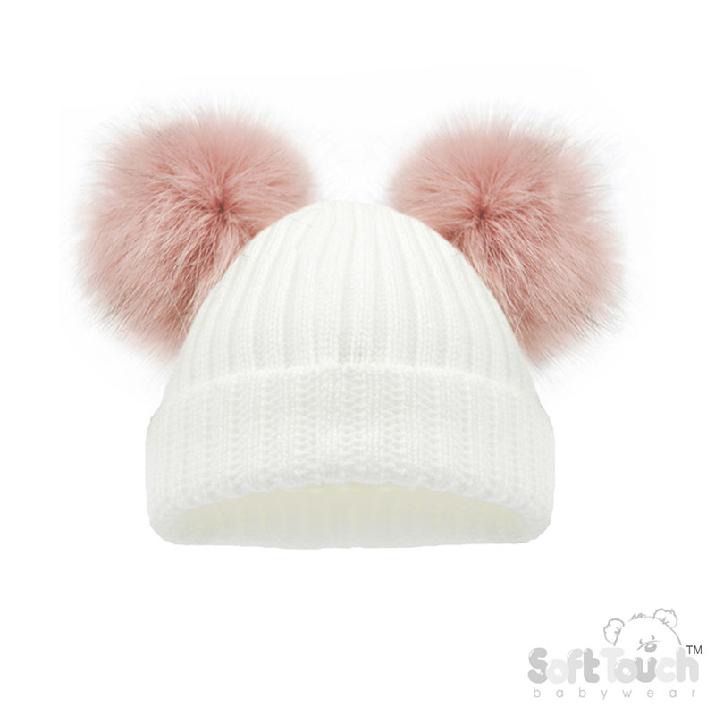 White Ribbed Hat w/2 Faux Fur Pom Poms : No. H506-COL-SM